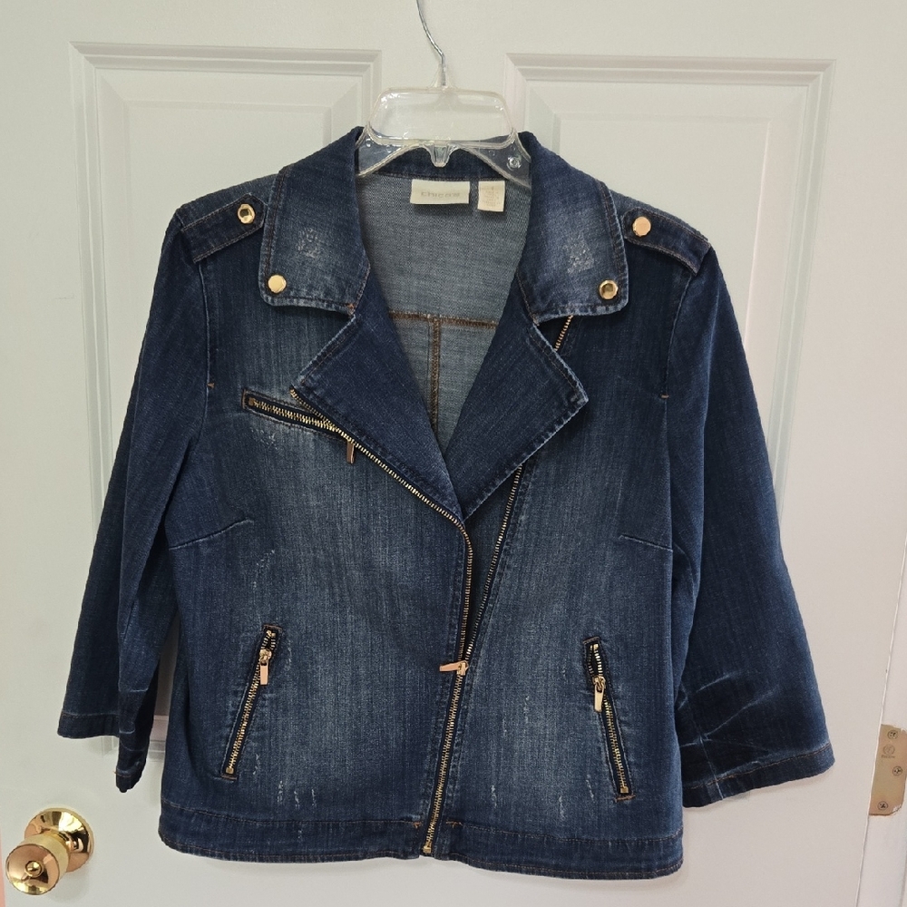 Chico's Dark Blue Denim Jacket with Gold Accents